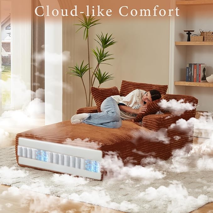 78.7" Chaise Lounge Chair Indoor, Oversized Boneless Couch Comfy Upholstered Sleeper Sofa Bed with 3 Pillows, Corduroy Cloud Reading Chair for Living Room No Assembly Required, Orange