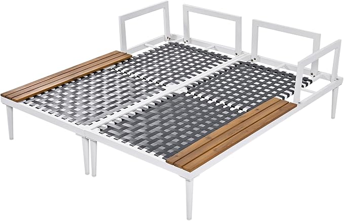 Outdoor Patio Metal Daybed with Wood Topped Side for Drinks, 2 in 1 Padded Chaise Lounge Chair with Cushions & Pillows, Outdoor Double Sun Lounger for Lawn Garden Poolside, Beige