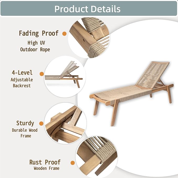 Christopher Knight Home Set of 2 Outdoor Patio Wood Adjustable Chaise Lounges with Rope Seating, Rope Chaise Lounge with Acacia Wood Frame, Chaise Lounge for Poolside, Balcony, Yard, Teak+Beige
