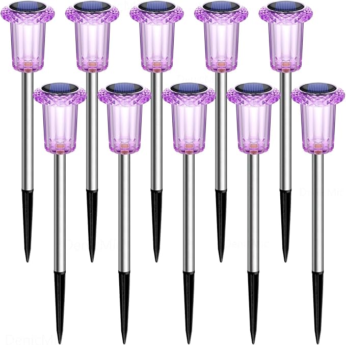 DenicMic Solar Lights Outdoor 10 Pack Waterproof Purple LED Stainless Steel Stake Outside Lights for Yard Pathway Garden Driveway Walkway Landscape Path Lighting Halloween Decorations Outdoor