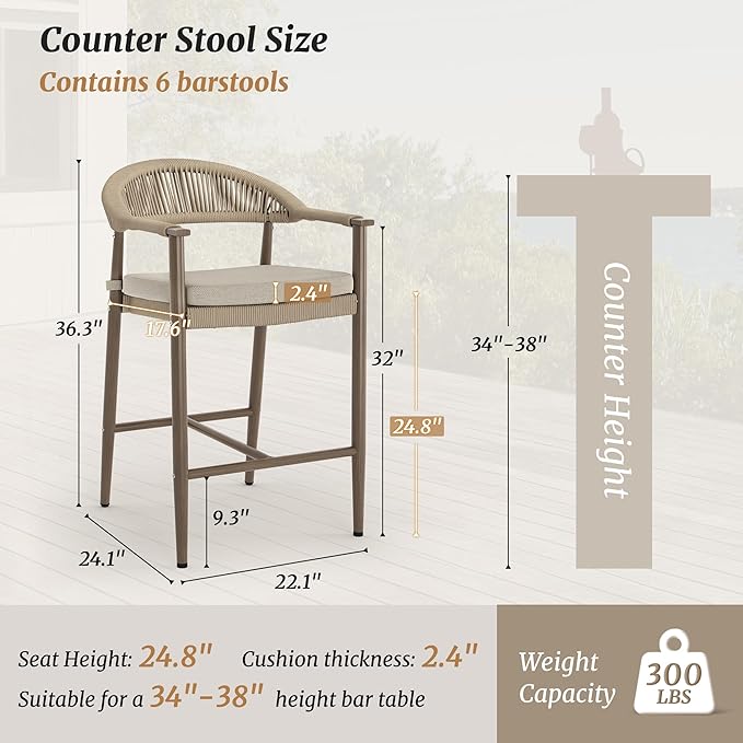 Bar Stools Set of 6, 24.8'' Aluminum Outdoor Bar Stool with Removable Cushion, Boho Rattan BarStools, Olefin Rope Woven Bar Chairs with Footrest for Patio, Garden, Pool, Kitchen, Brown