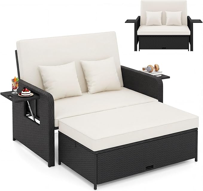 HAPPYGRILL Patio Rattan Wicker Daybed with Loveseat & Storage Ottoman, Outdoor Lounge Sofa Furniture Set with Adjustable Backrest & Side Trays, for Poolside Deck Porch Lawn (Black & Beige)