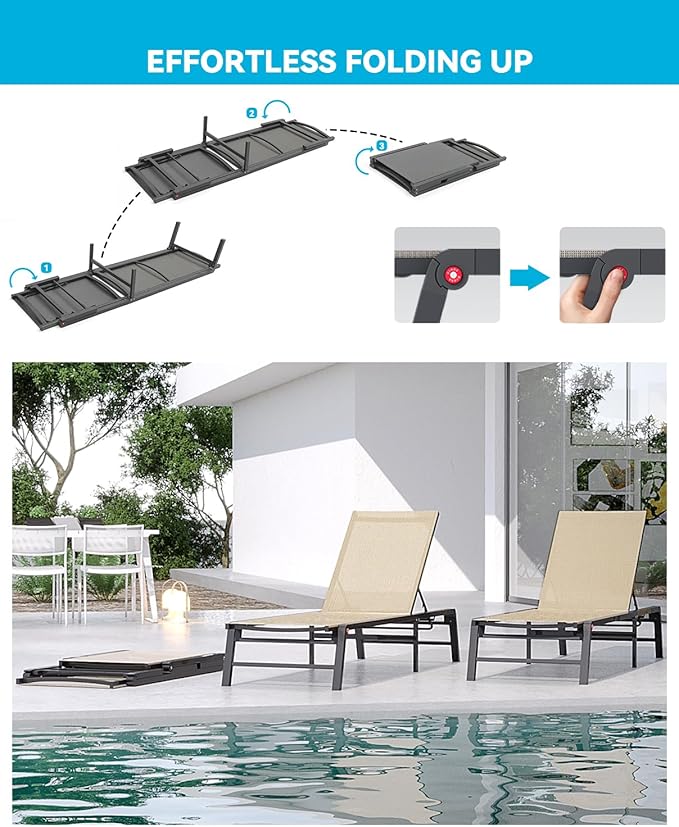 Chaise Lounge Chair Outdoor Aluminum Patio Lounge Chair with 5 Adjustable Positions Folding Pool Lounge Chairs Assemble-Free Beach Lounge Chair for Patio, Pool, Indoor and Outdoor Flaxen