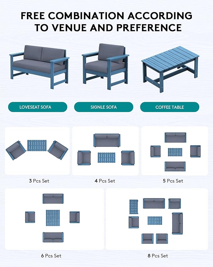 SERWALL 2 Pieces Single Cushioned Lounge Chair, Blue HDPE Outdoor Adirondack Sofa Armchair with Grey Cushion