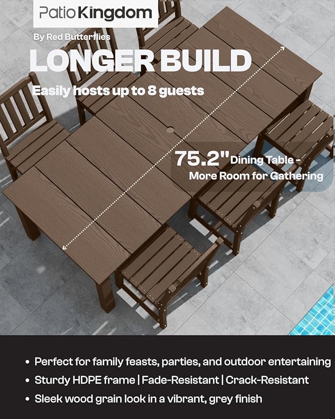 9-Piece Brown Outdoor Dining Set with White 15FT Large Patio Umbrella, 75.2'' HDPE Table & Chairs for 8, Weather-Resistant Furniture with Umbrella Hole for Patio, Lawn, Poolside