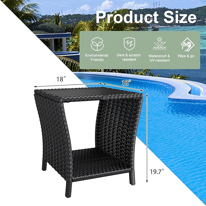 kinbor Small Outdoor Table - Set of 2 Tempered Glass Top Small Outdoor Wicker Side Table with Storage Shelf for Patio, Balcony & Porch, Durable PE Rattan & Iron Frame