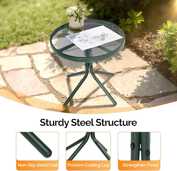 VINGLI Outdoor Side Table, 18" Patio Table Steel Frame Tempered Glass Top, Weatherproof Small Tables for Balcony Garden Poolside (Green, Round)