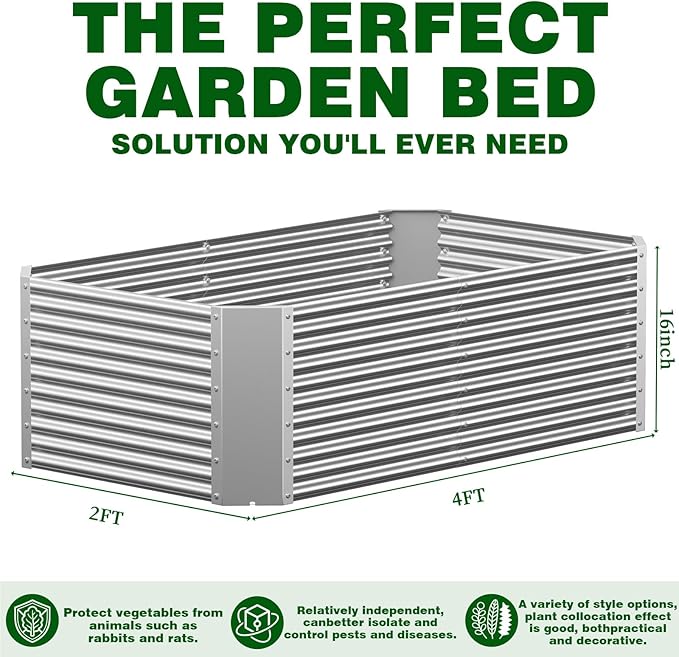 2 Pack 4x2x1.4 ft, (16" Tall) Galvanized Steel Raised Garden Bed, Large Metal Planter for Vegetables, Herbs & Flowers, Durable Outdoor Garden Box for Yard, Terrace, and Balcony