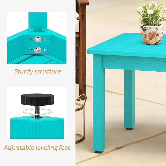 LUE BONA Outdoor Coffee Table Rectangle, 42.5" HDPS Patio Coffee Tables for Outside, All Weather Patio Coffee Table with Slatted Tabletop for Deck, Garden, Balcony, Indoor or Outdoor Use, Aruba Blue