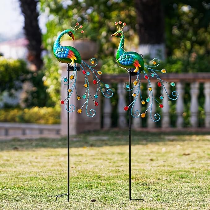 DREAMSOUL 2 Pack Peacock Solar Lights Outdoor, Tall Waterproof LED Outdoor Solar Lights for Yard Pathway Peacock Decor