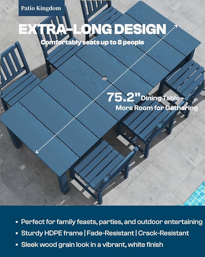 5-Piece Navy Blue Outdoor Dining Set with White 11FT Large Patio Umbrella, 75.2'' HDPE Table & Chairs for 8, Weather-Resistant Furniture with Umbrella Hole for Patio, Lawn, Poolside