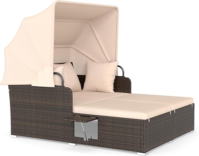 ORALNER Outdoor Daybed, 2-Person Wicker Patio Sofa with Retractable Canopy, Cushions & Pillows, 2 Side Trays, PE Rattan Double Sunbed for Deck Poolside Garden Balcony Backyard (Beige, Mix Brown)