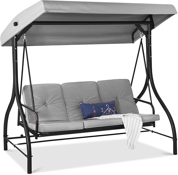 Best Choice Products 3-Seat Outdoor Large Converting Canopy Swing Glider, Patio Hammock Lounge Chair for Porch, Backyard w/Flatbed, Adjustable Shade, Removable Cushions - Fog Gray