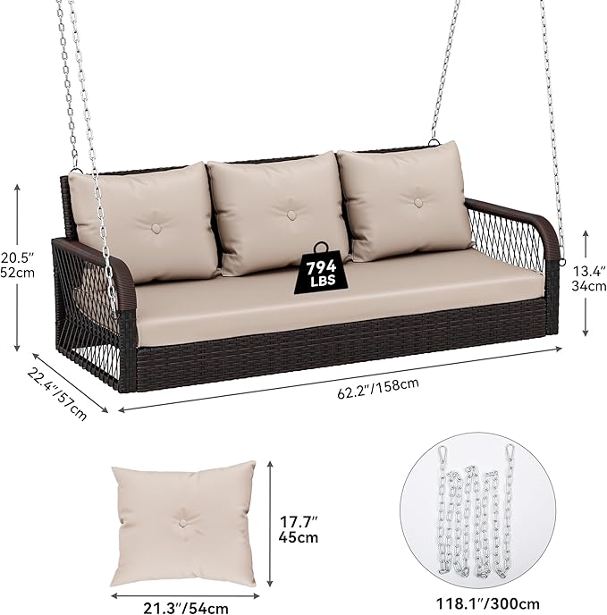 YITAHOME 3-Seats Front Porch Swing with Cushion Hanging Wicker Swing Rattan Patio Swing Lounge Swing Chair Hammock for Garden, Balcony, Deck
