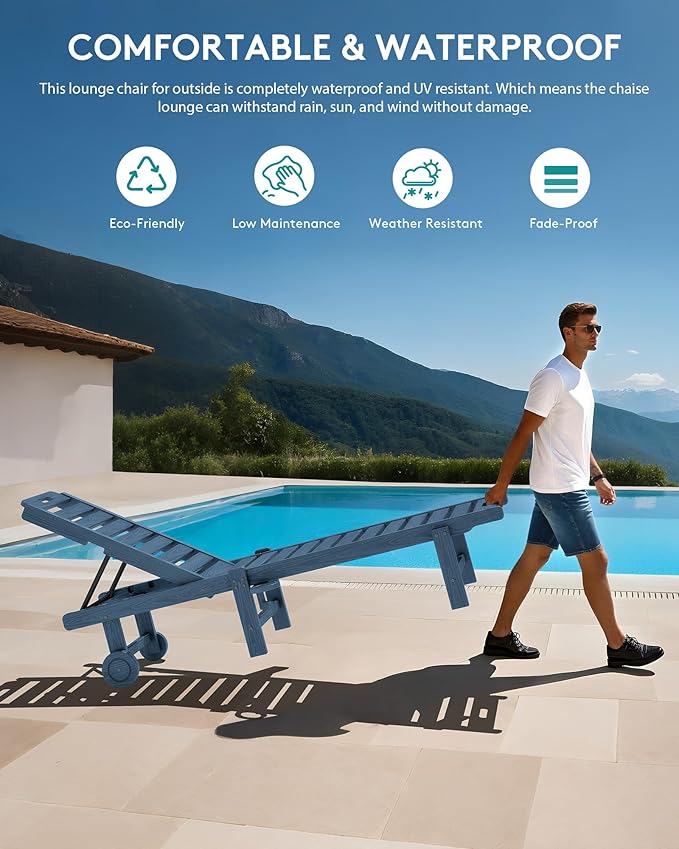 SERWALL Outdoor Chaise Lounge Set of 2, All-Weather HDPE Pool Lounge Chairs with 5-Position Adjustable Reclining Backrest, Rolling Wheels & Cup Holder for Poolside, Blue
