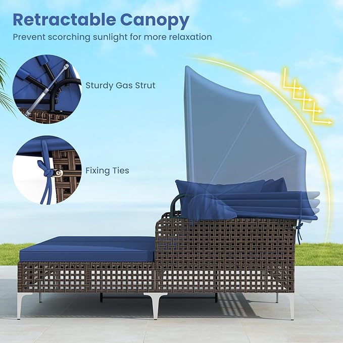 Tangkula Outdoor Rattan Daybed with Retractable Canopy, Boho Patio Wicker Sunbed with Metal Support, Pillows & Cushions, Outdoor Double Chaise Lounge with Shade for Backyard, Poolside, Deck & Balcony