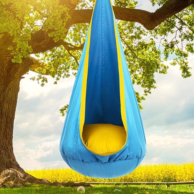 Y-STOP Kids Pod Swing Seat, Hanging Hammock Chair with Inflatable Pillow, Sensory Swing Chair with Pocket for Indoor and Outdoor (Blue Yellow)