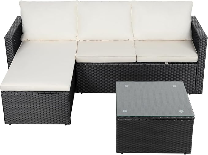 Shintenchi Outdoor Patio Furniture Sets, Small Outdoor Sofa Patio Sectional Sets 3-Piece All Weather Wicker Rattan Patio Seating Sofas with Glass Coffee Table and Cushion (Beige)