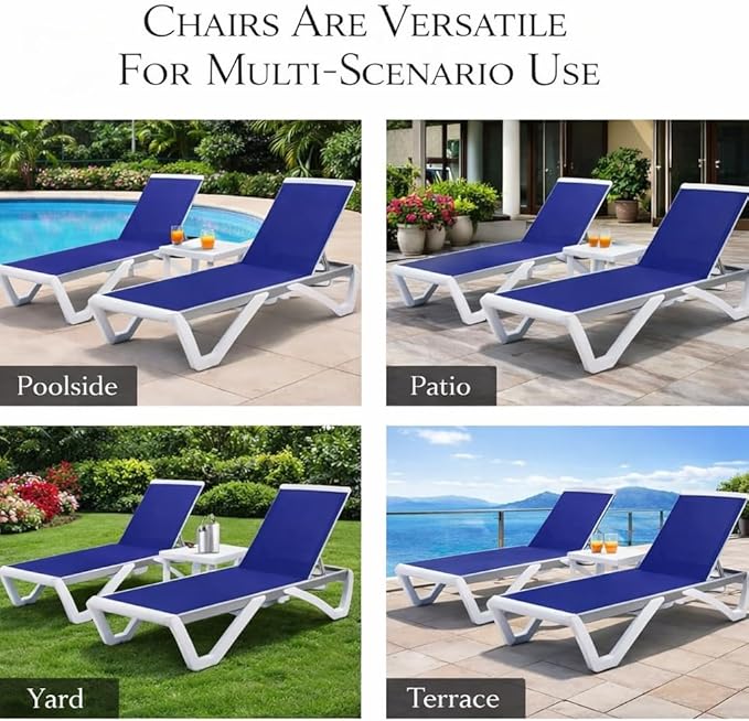 Kozyard Outdoor Chaise Lounge Chair, Full Flat Adjustable Patio Lounger with Aluminum Frame & Resin Legs, Textilene Fabric for Poolside, Backyard & Beach (NavyBlue, 2Chairs with Table)