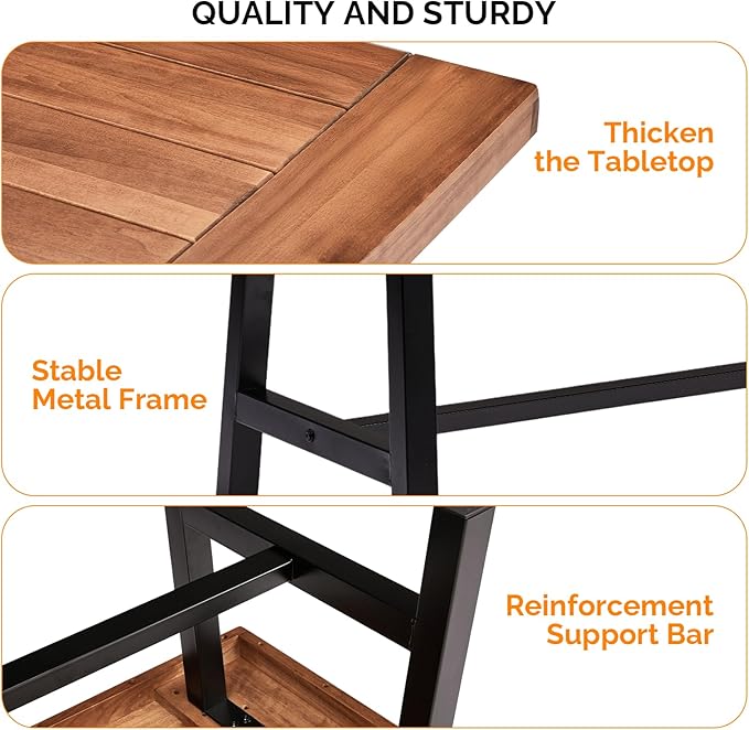 VINGLI Outdoor Wooden Coffee Table with Metal Frame - Heavy Duty 350lbs All-Weather Patio Table, Waterproof Solid Wood Top & Rust-Proof Steel Base for Balcony, Porch, Deck, Garden, Rectangle