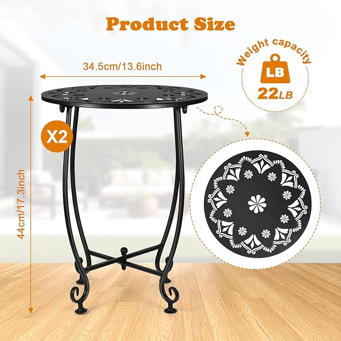 2 Pack 14Inch Outdoor Side Tables for Patio, Weather Resistant Steel Patio Side Table, Small Round Outdoor End Table Metal Side Table for Patio Yard Balcony Garden Black (Flowers)
