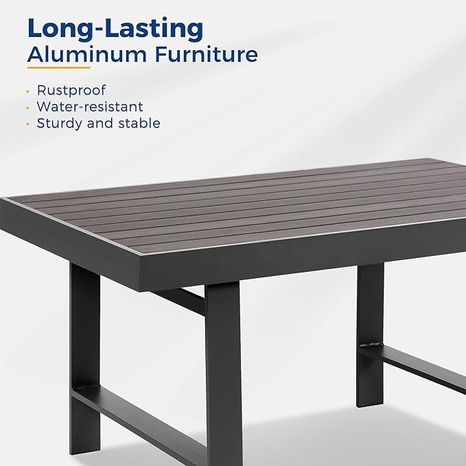 Wisteria Lane Aluminum Outdoor Patio Furniture Dining Table, All-Weather Outdoor Metal Dining Table, Modern Rectangle High Table for Party, for Balcony, Garden, Grey