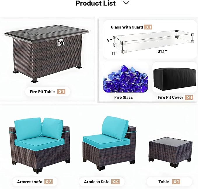 Kullavik 8 Pieces Outdoor Patio Furniture Set,Sectional Sofa Set with 43" 55000 BTU Gas Propane Fire Pit Table,Brown PE Rattan Wicker Patio Conversation Set,Turquoise Blue