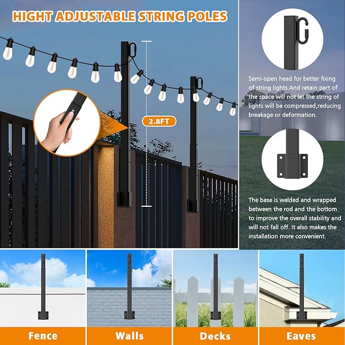 AILBTON 2.6Ft String Light Poles 10 Pack,Light Poles for Outside Lights,Outdoor with Fence Brackets Hanging Lights,Metal Stand Deck Patio Backyard