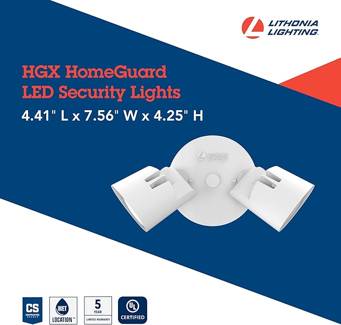 Lithonia Lighting HomeGuard 2-Light LED Outdoor Flood Lights, Wall or Ceiling Mount Outdoor Lights, 4000K Cool White, Round Heads, White (HGX LED 2RH 40K 120 WH M2)