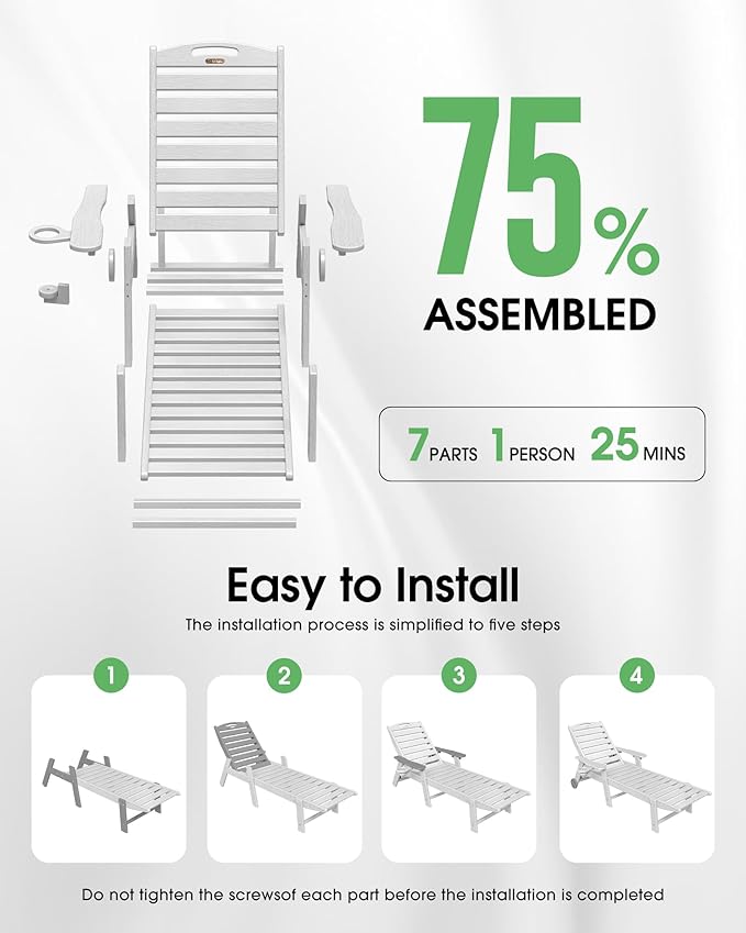 Lounge Chair Outdoor Set of 2, HDPE Chaise Lounge Outdoor, Pool Lounge Chair for Pool Poolside Deck Backyard Patio, White