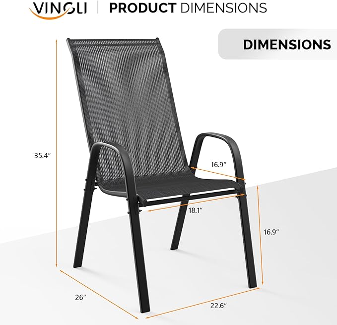 VINGLI Patio Chairs Set of 4 – Stackable Outdoor Dining Chairs with Comfortable Sling High Back Chairs and Armrests for Lawn, Poolside, Courtyard, Balcony, Garden, Black