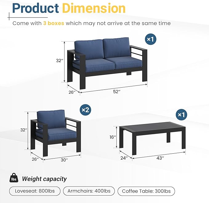 Solaste Aluminum Patio Furniture Set for All Weather, Oversized Metal Outdoor Furniture Set with 27.5" Deep Seating and 3.2" WIde Armrest, Outdoor Patio Conversation Sets with 10’’ Back Suport Cushion