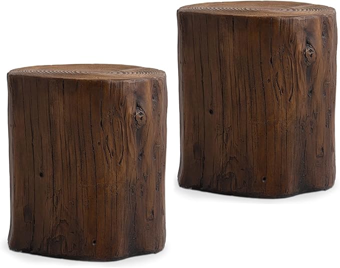 SUNBURY Outdoor Side Table Set of 2, Tree Stump Side Table Brown Colored Faux Wood, Wood Stump Stool, Ottoman or Plant Stand, Deck or Garden