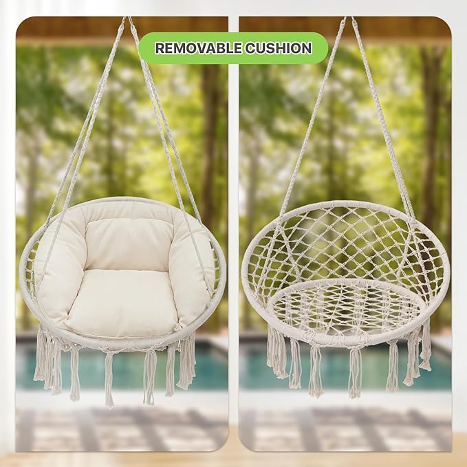 Magshion Hanging Hammock Chair with Cozy Full Cushion, Outdside Macrame Swing Chair with 350 Lbs Capacity, Ideal Accent Furniture for Living Room, Bedroom and Porch Relaxation and Enjoyment (White)