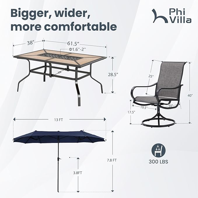 PHI VILLA Patio Dining Set with Umbrella for 6 Person, Outdoor Swivel Dining Chairs Set and 1 Large Rectangular Wooden-Like Top Table with 13ft Navy Blue Outdoor Market Umbrella(No Base)