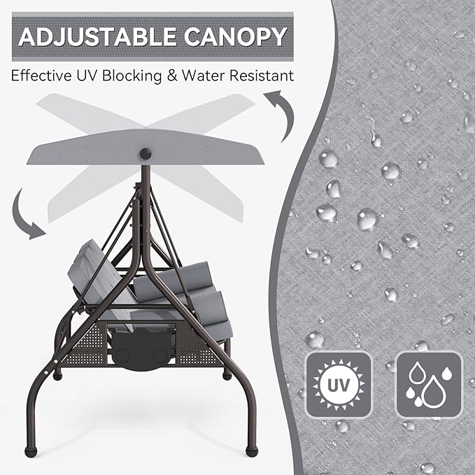 Oakcloud 3-Seat Outdoor Porch Swing with Adjustable Canopy, Large Converting Swing Chair, Patio Swing Glider with Pillows & Thick Cushions for Poolside Balcony Backyard (Grey)