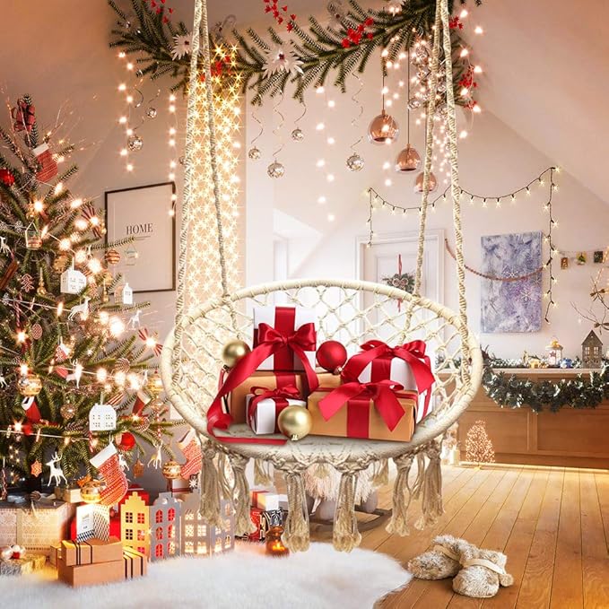 Sonyabecca LED Macrame Hammock Hanging Swinging Chair, Indoor/Outdoor Hanging Chair with 472" LED String for Bedroom, Patio, Deck, Yard, and Garden, Comfy Large Size 55x75 cm (No Stand)