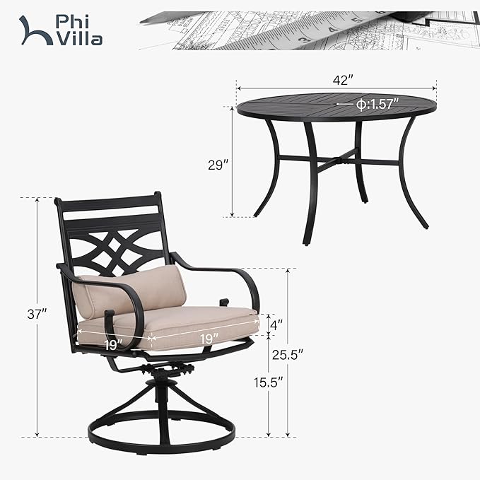 PHI VILLA 5 Pieces Outdoor Dining Set for 4, 42" Round Black Metal Table & Wrought Iron Swivel Chairs, Rustproof Large Outside Furniture with Cushions & Pillows for Patio, Deck, Porch