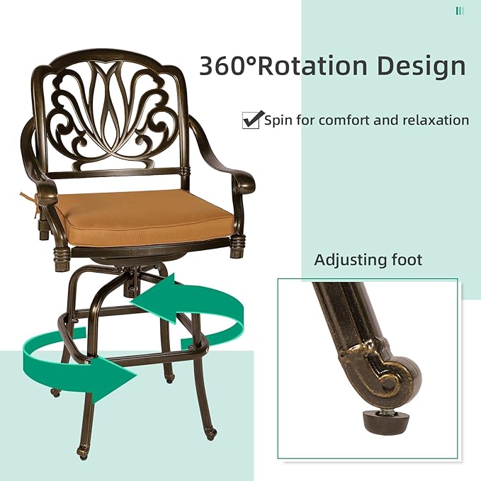 VIVIJASON 3-Piece Patio Swivel Bar Stools Set, All Weather Cast Aluminum Outdoor Bar Height Bistro Set with 2 Cushioned Bar Chairs & 38.5" High Bar Table w/Umbrella Hole for Backyard, Lawn, Garden