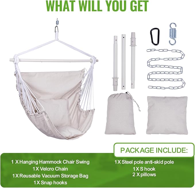 Backyard Expressions Hanging Hammock Chair Swing with Cushions & Hanging Kit – 500 lb Capacity, Cotton Blend Fabric, for Indoor/Outdoor Use – Includes Chain, Hooks & Spring – 5 Colors