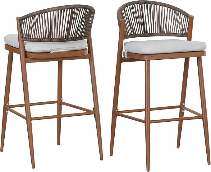 Christopher Knight Home Hearth 30.25" Patio Barstools Set of 2, Woven Wicker Counter Stool, Aluminum Frame Barstool, PE Rattan Scallop-Shape Backrest Woodlike Stool for Backyard Balcony Garden, Teak