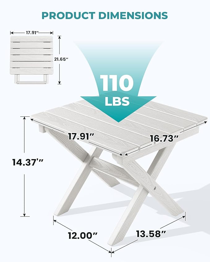 SERWALL Portable Folding Adirondack Table, HDPE Material Outdoor End Table, No Assembly Required, Weather-Resistant, 110 lbs Capacity, Small Table for Indoor and Outdoor uses, White