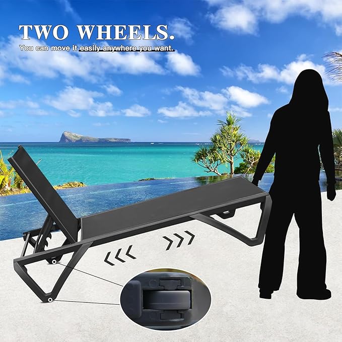 Domi Pool Lounge Chairs Set of 2 with Side Table, Aluminum Adjustable Outdoor Chaise Lounge with Wheels, All Weather Poolside Chairs for Deck Lawn Patio Backyard, Textilene- Dark Gray