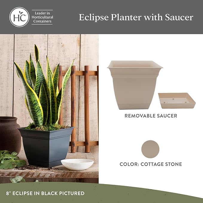 The HC Companies 12 Inch Eclipse Square Planter Pots w/Drainage Holes & Attached Saucer, Lightweight UV-Resistant Plastic Indoor Outdoor Planters, 2-Pack Flower Pots, Garden Home Decor, Cottage Stone