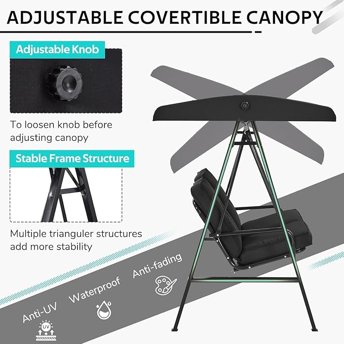 AECOJOY 2-Seat Outdoor Patio Swing Chair with Cover, Porch Swings Chairs for Adult, Outside Swing Bench with Adjustable Canopy&Removable Cushion, Black