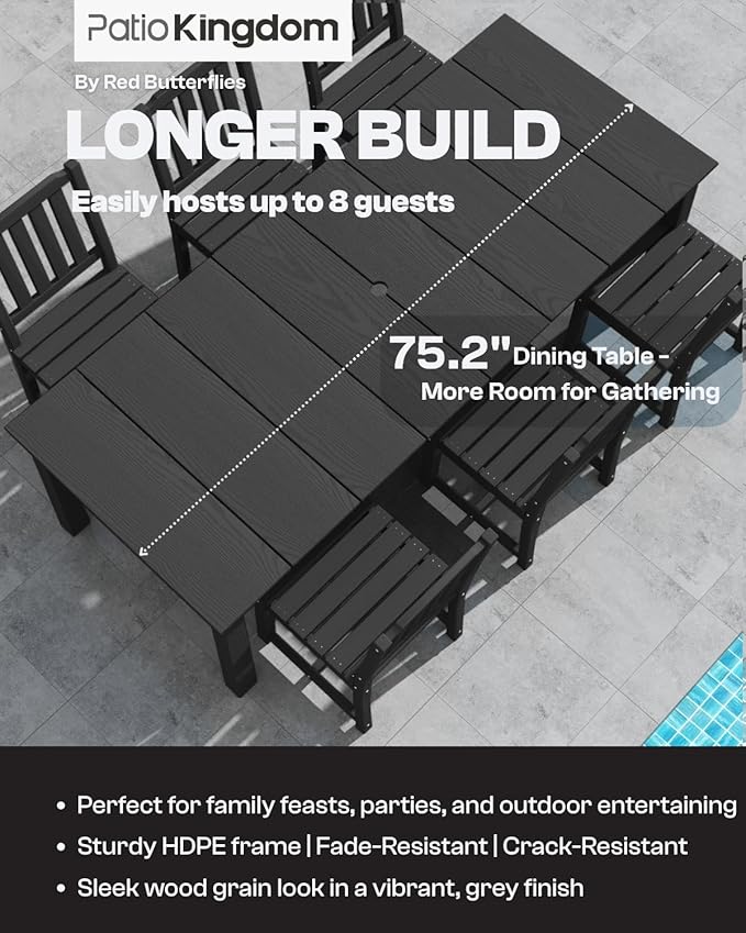 7-Piece Black Outdoor Dining Set for 6, 75.2'' HDPE Table with Umbrella Hole & Chairs, Weather-Resistant Patio Furniture for Garden, Lawn, or Poolside