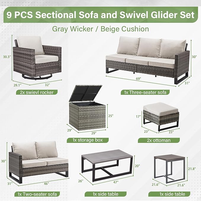 Belord Patio Conversation Set with Swivel Glider Chairs - 9 Piece Outdoor Sectional Furniture Set with Storage Box and Metal Top Table Gray Wicker/Beige Cushions