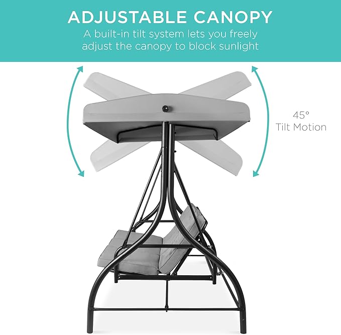 Best Choice Products 3-Seat Outdoor Large Converting Canopy Swing Glider, Patio Hammock Lounge Chair for Porch, Backyard w/Flatbed, Adjustable Shade, Removable Cushions - Fog Gray