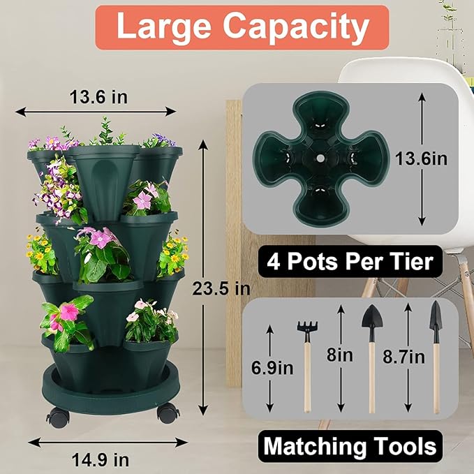 Vertical Planter 4 Tier Stackable Planters Garden Planters Strawberry Herb Flower and Vegetable Planter Indoor Outdoor Gardening Pots with Removable Wheels and Tools
