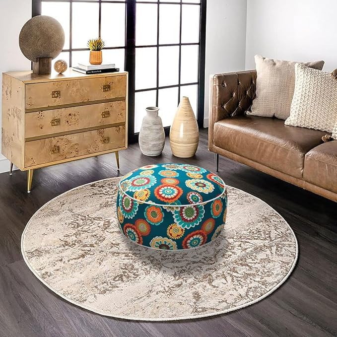 Magpie Fabrics Indoor/Outdoor Inflatable Stool Ottoman Pouf, Water Repellent Round Footrest Footstool with Foot Pump D20 xH9, Portable for Patio Garden Camping or Home, Floral Green
